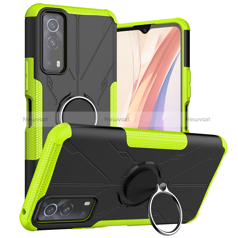 Silicone Matte Finish and Plastic Back Cover Case with Magnetic Finger Ring Stand JX1 for Vivo iQOO Z3 5G Green