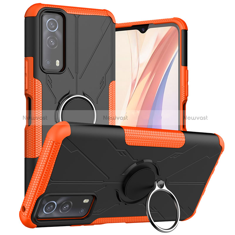 Silicone Matte Finish and Plastic Back Cover Case with Magnetic Finger Ring Stand JX1 for Vivo iQOO Z3 5G Orange