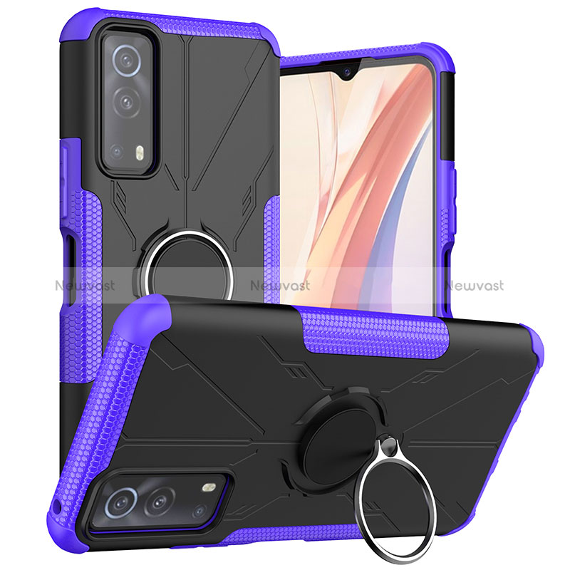 Silicone Matte Finish and Plastic Back Cover Case with Magnetic Finger Ring Stand JX1 for Vivo iQOO Z3 5G Purple