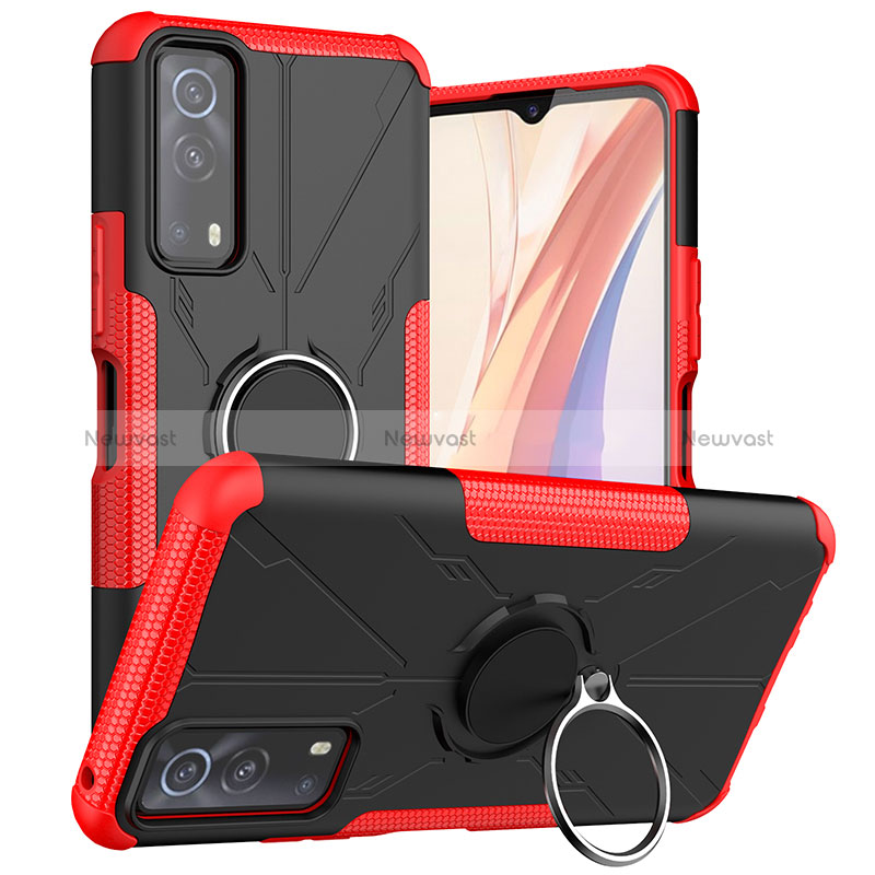 Silicone Matte Finish and Plastic Back Cover Case with Magnetic Finger Ring Stand JX1 for Vivo iQOO Z3 5G Red