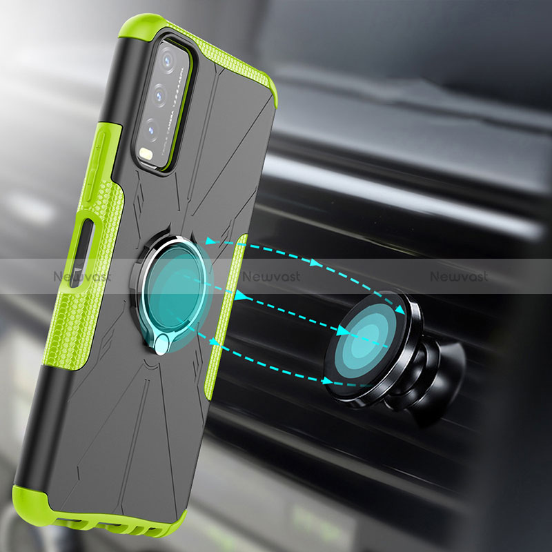 Silicone Matte Finish and Plastic Back Cover Case with Magnetic Finger Ring Stand JX1 for Vivo Y11s