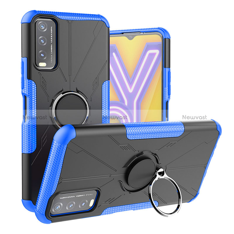 Silicone Matte Finish and Plastic Back Cover Case with Magnetic Finger Ring Stand JX1 for Vivo Y11s Blue