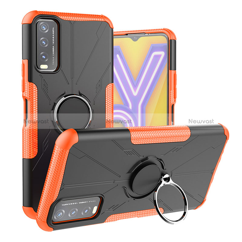 Silicone Matte Finish and Plastic Back Cover Case with Magnetic Finger Ring Stand JX1 for Vivo Y11s Orange