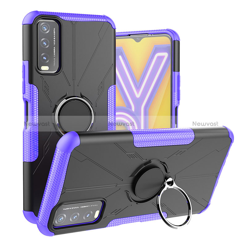 Silicone Matte Finish and Plastic Back Cover Case with Magnetic Finger Ring Stand JX1 for Vivo Y11s Purple