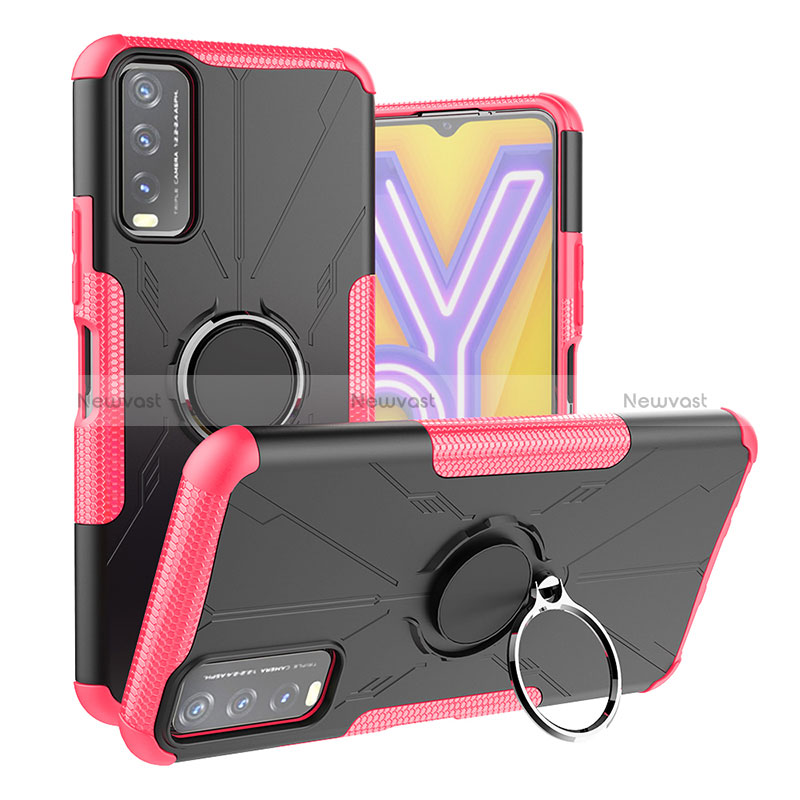 Silicone Matte Finish and Plastic Back Cover Case with Magnetic Finger Ring Stand JX1 for Vivo Y12A Hot Pink