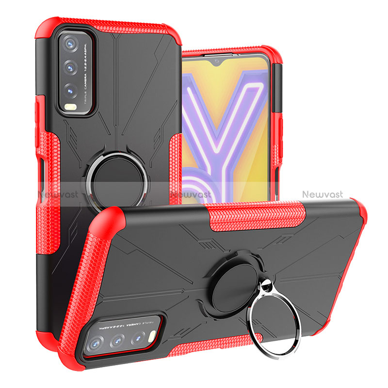 Silicone Matte Finish and Plastic Back Cover Case with Magnetic Finger Ring Stand JX1 for Vivo Y12A Red