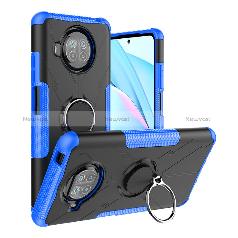 Silicone Matte Finish and Plastic Back Cover Case with Magnetic Finger Ring Stand JX1 for Xiaomi Mi 10T Lite 5G Blue