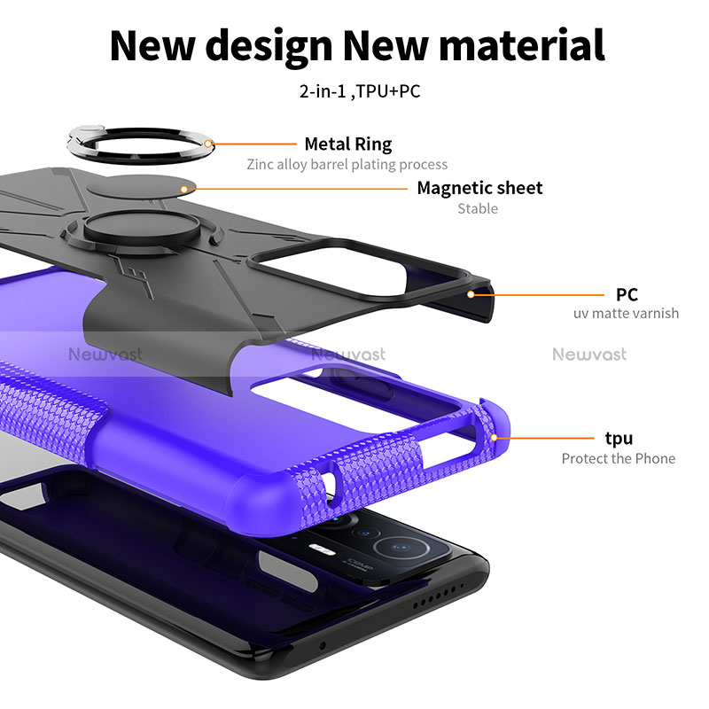 Silicone Matte Finish and Plastic Back Cover Case with Magnetic Finger Ring Stand JX1 for Xiaomi Mi 11T 5G