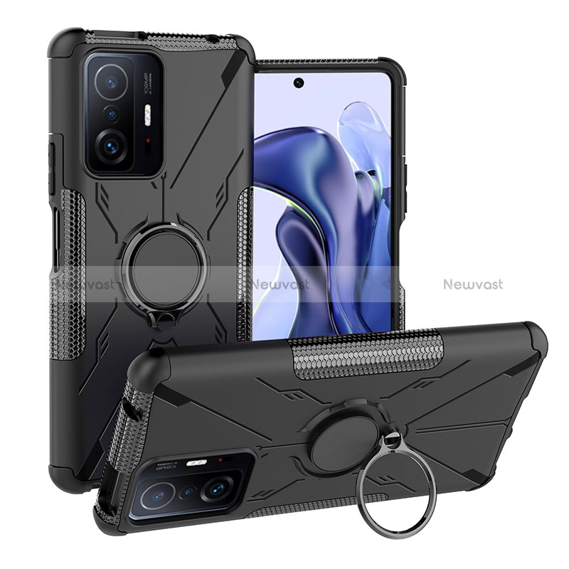 Silicone Matte Finish and Plastic Back Cover Case with Magnetic Finger Ring Stand JX1 for Xiaomi Mi 11T 5G Black