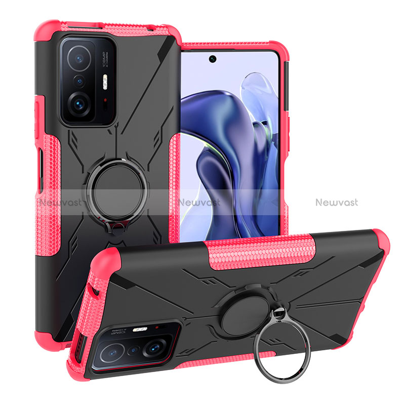 Silicone Matte Finish and Plastic Back Cover Case with Magnetic Finger Ring Stand JX1 for Xiaomi Mi 11T 5G Hot Pink