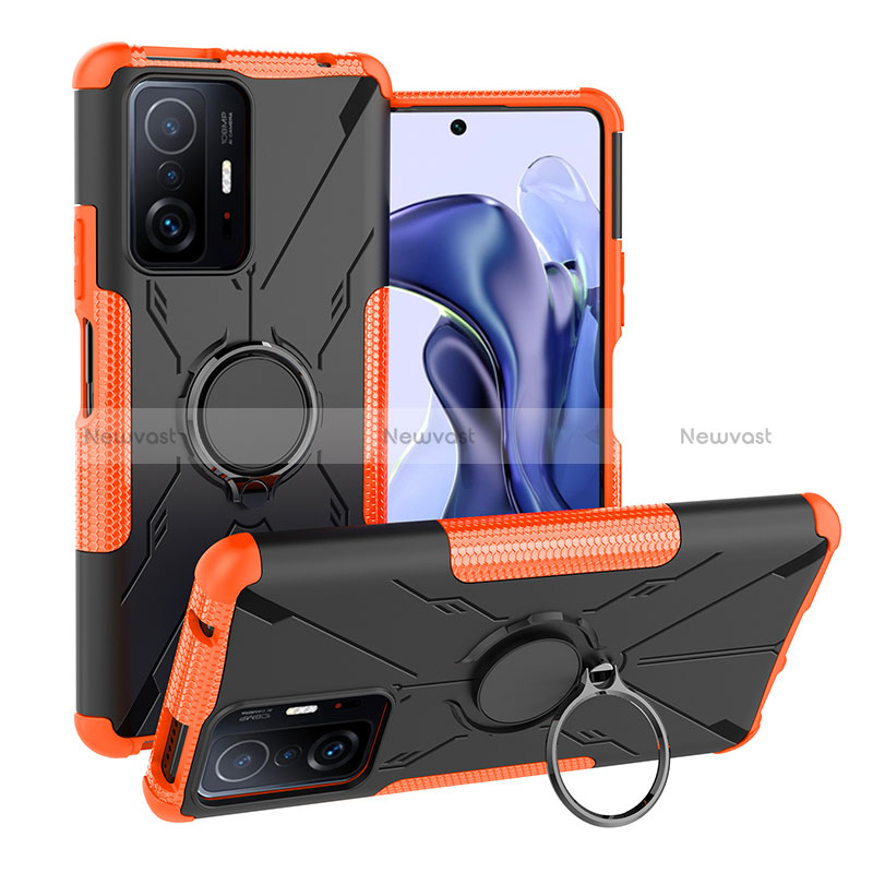 Silicone Matte Finish and Plastic Back Cover Case with Magnetic Finger Ring Stand JX1 for Xiaomi Mi 11T 5G Orange