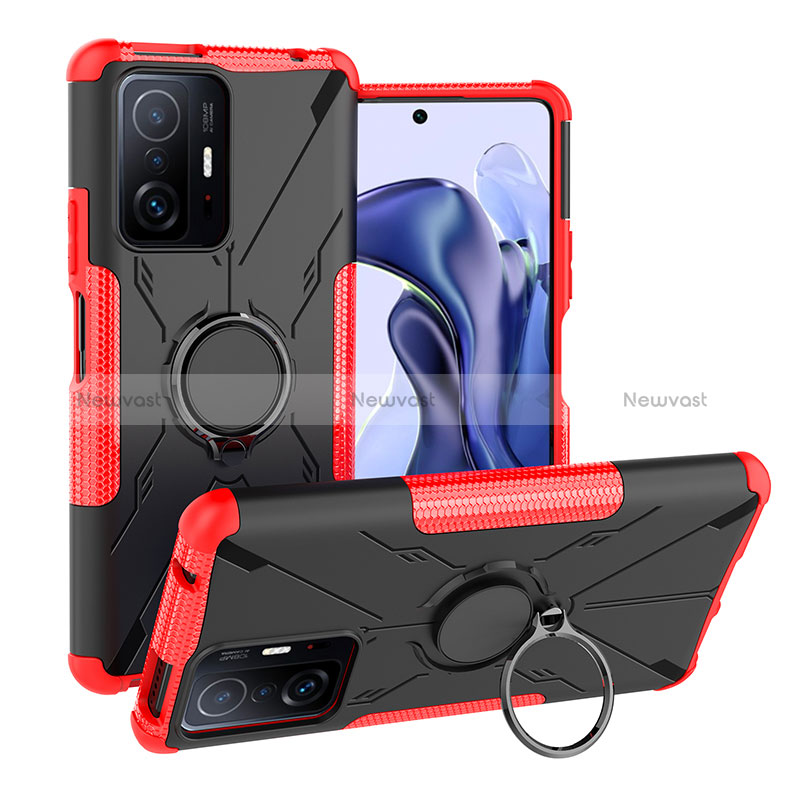 Silicone Matte Finish and Plastic Back Cover Case with Magnetic Finger Ring Stand JX1 for Xiaomi Mi 11T 5G Red