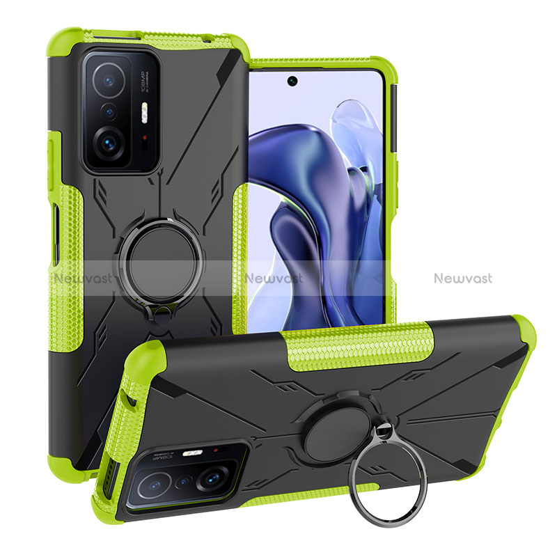 Silicone Matte Finish and Plastic Back Cover Case with Magnetic Finger Ring Stand JX1 for Xiaomi Mi 11T Pro 5G