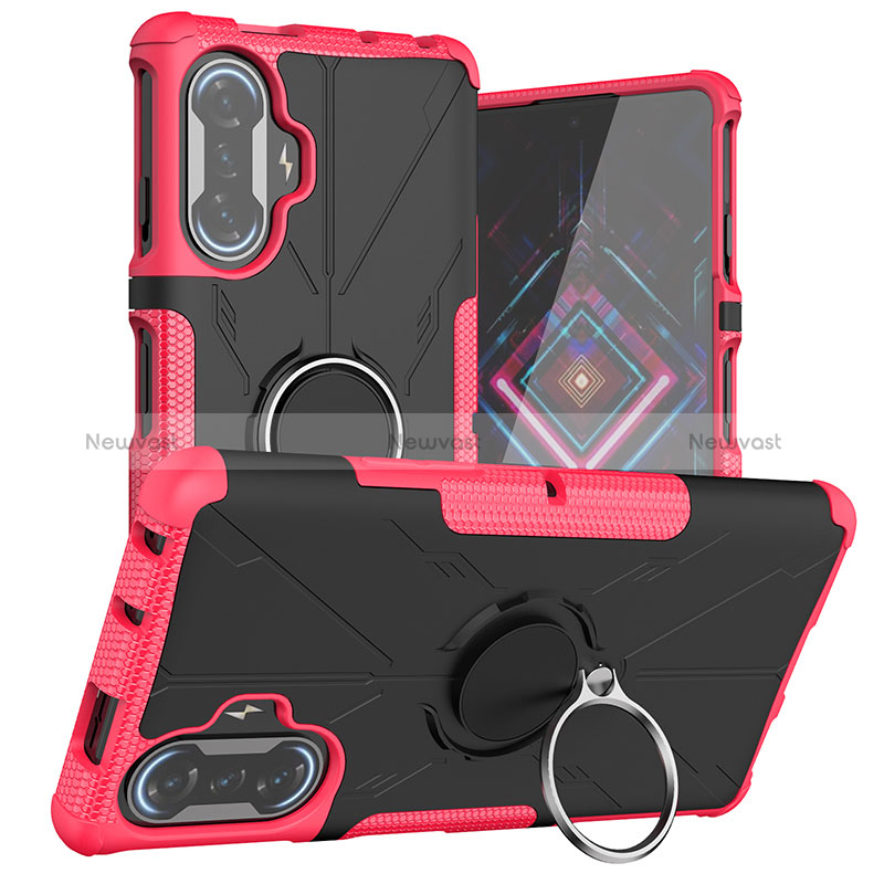 Silicone Matte Finish and Plastic Back Cover Case with Magnetic Finger Ring Stand JX1 for Xiaomi Poco F3 GT 5G Hot Pink