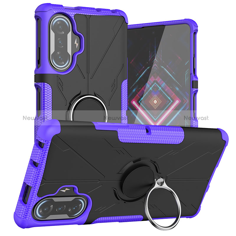 Silicone Matte Finish and Plastic Back Cover Case with Magnetic Finger Ring Stand JX1 for Xiaomi Poco F3 GT 5G Purple