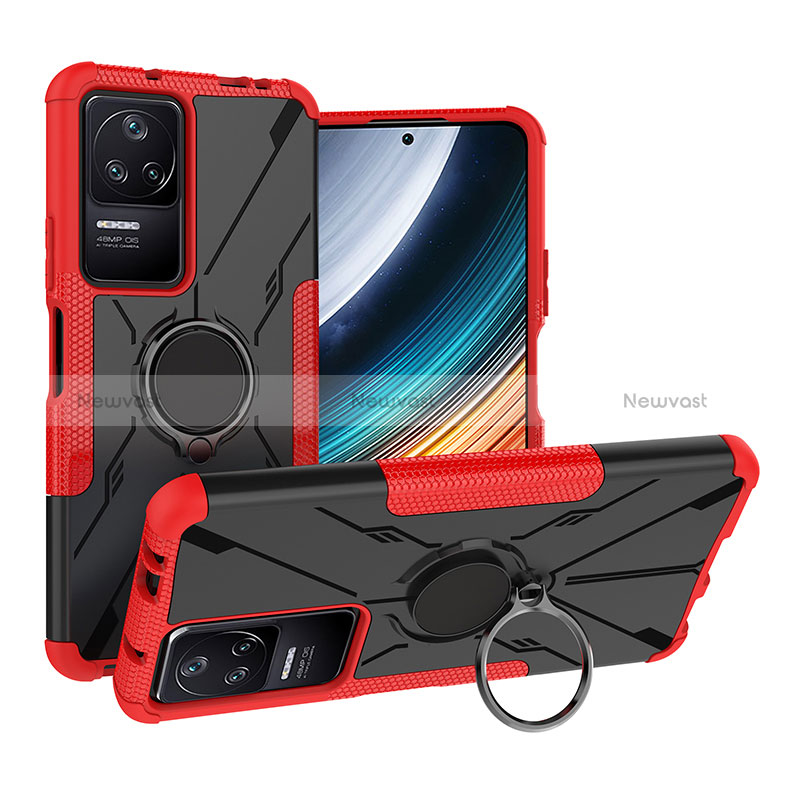 Silicone Matte Finish and Plastic Back Cover Case with Magnetic Finger Ring Stand JX1 for Xiaomi Poco F4 5G Red