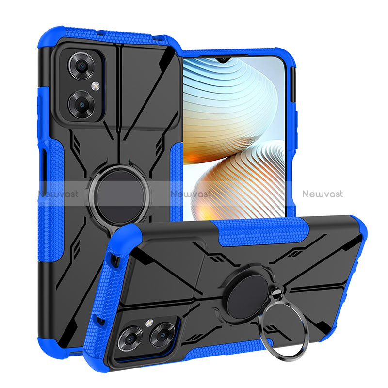 Silicone Matte Finish and Plastic Back Cover Case with Magnetic Finger Ring Stand JX1 for Xiaomi Poco M4 5G Blue