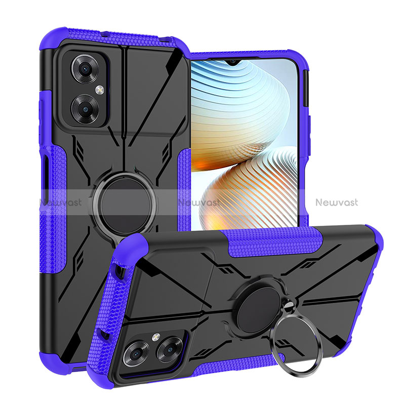 Silicone Matte Finish and Plastic Back Cover Case with Magnetic Finger Ring Stand JX1 for Xiaomi Poco M4 5G Purple