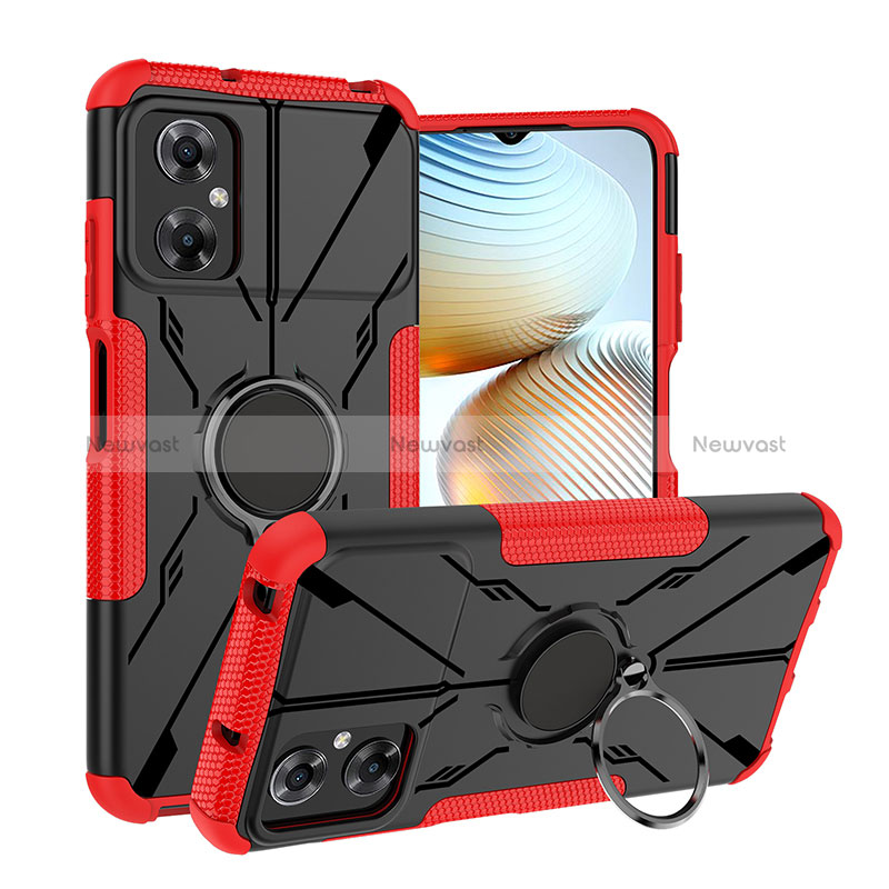 Silicone Matte Finish and Plastic Back Cover Case with Magnetic Finger Ring Stand JX1 for Xiaomi Poco M4 5G Red