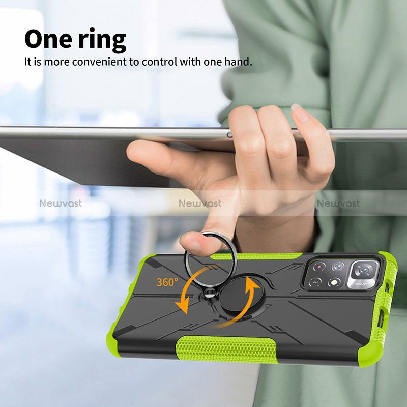 Silicone Matte Finish and Plastic Back Cover Case with Magnetic Finger Ring Stand JX1 for Xiaomi Poco M4 Pro 5G