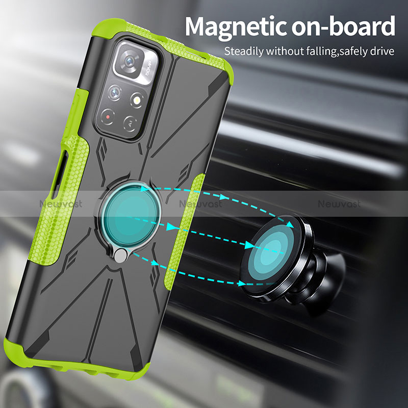 Silicone Matte Finish and Plastic Back Cover Case with Magnetic Finger Ring Stand JX1 for Xiaomi Poco M4 Pro 5G