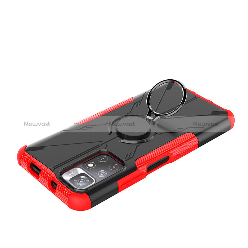 Silicone Matte Finish and Plastic Back Cover Case with Magnetic Finger Ring Stand JX1 for Xiaomi Poco M4 Pro 5G