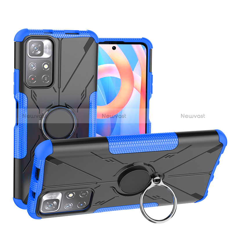 Silicone Matte Finish and Plastic Back Cover Case with Magnetic Finger Ring Stand JX1 for Xiaomi Poco M4 Pro 5G Blue