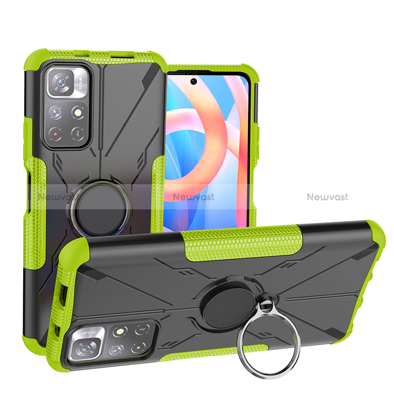 Silicone Matte Finish and Plastic Back Cover Case with Magnetic Finger Ring Stand JX1 for Xiaomi Poco M4 Pro 5G Green