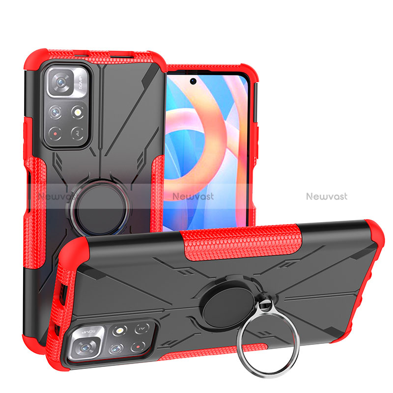 Silicone Matte Finish and Plastic Back Cover Case with Magnetic Finger Ring Stand JX1 for Xiaomi Poco M4 Pro 5G Red