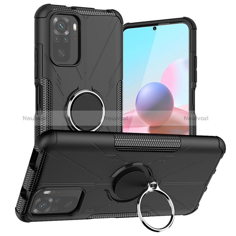 Silicone Matte Finish and Plastic Back Cover Case with Magnetic Finger Ring Stand JX1 for Xiaomi Poco M5S Black