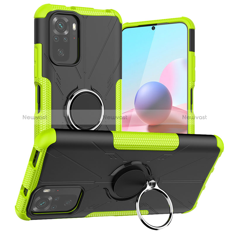 Silicone Matte Finish and Plastic Back Cover Case with Magnetic Finger Ring Stand JX1 for Xiaomi Poco M5S Green