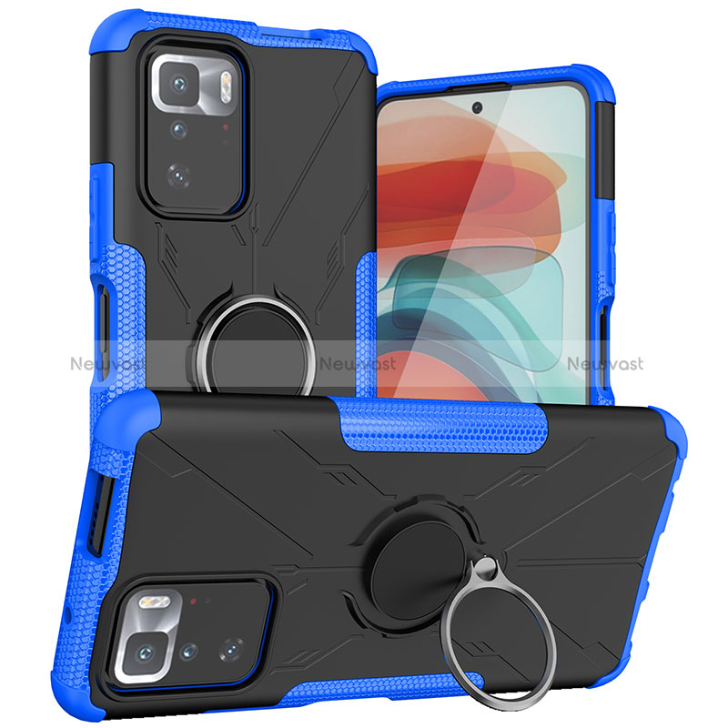 Silicone Matte Finish and Plastic Back Cover Case with Magnetic Finger Ring Stand JX1 for Xiaomi Poco X3 GT 5G Blue