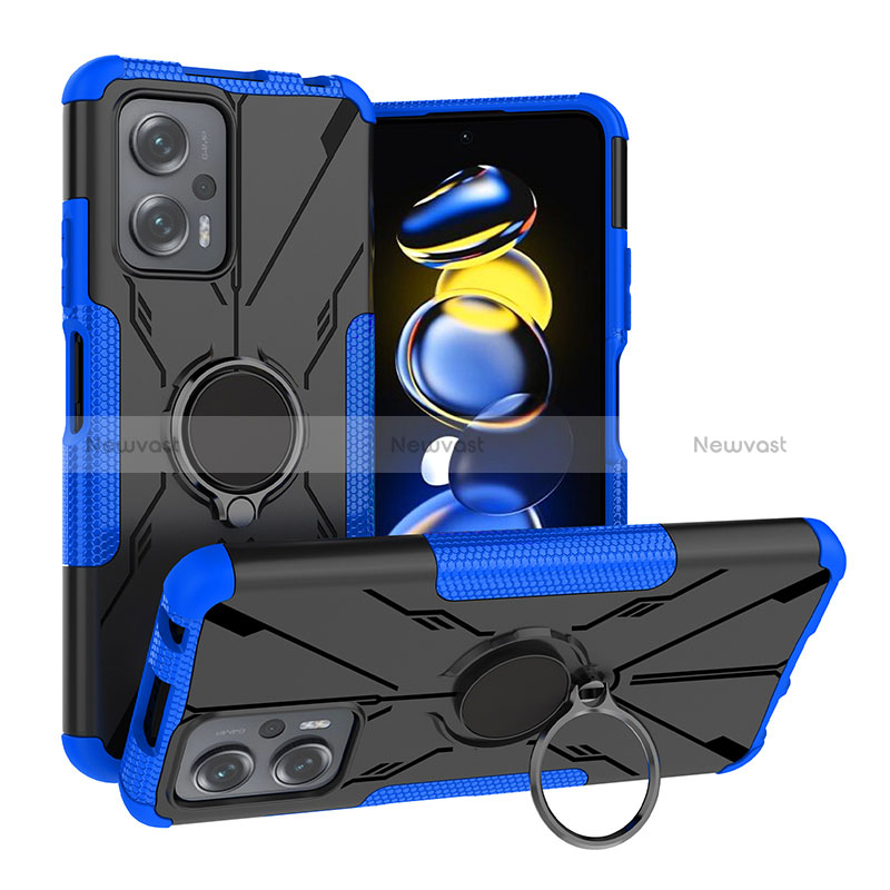 Silicone Matte Finish and Plastic Back Cover Case with Magnetic Finger Ring Stand JX1 for Xiaomi Poco X4 GT 5G Blue