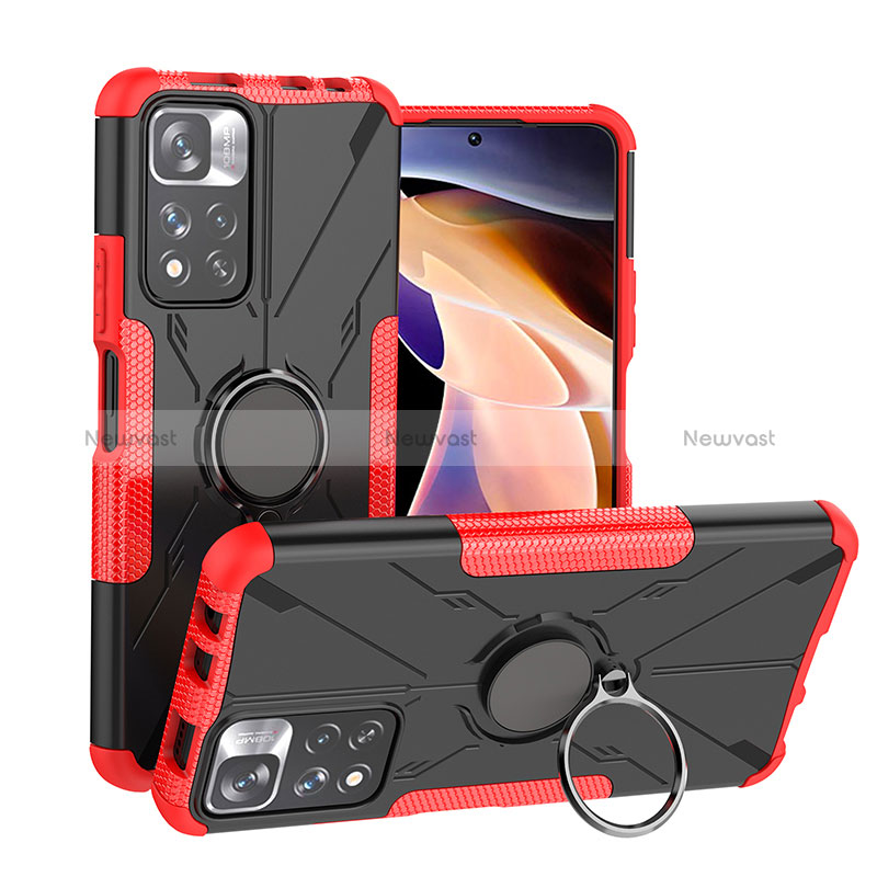 Silicone Matte Finish and Plastic Back Cover Case with Magnetic Finger Ring Stand JX1 for Xiaomi Poco X4 NFC Red