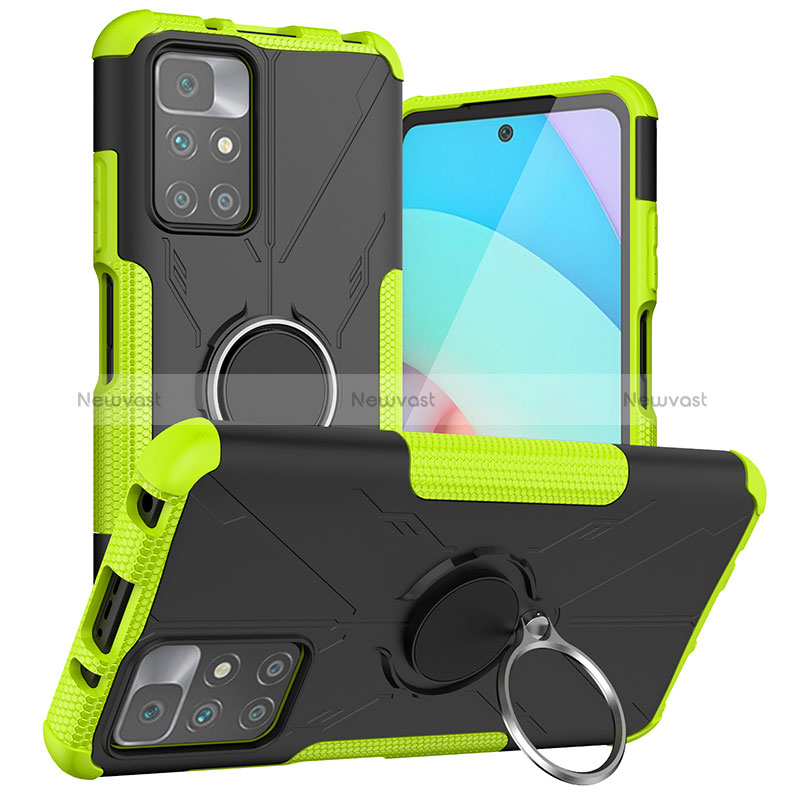 Silicone Matte Finish and Plastic Back Cover Case with Magnetic Finger Ring Stand JX1 for Xiaomi Redmi 10 (2022)