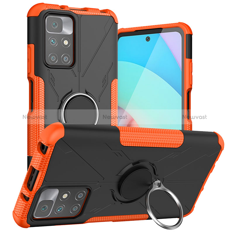 Silicone Matte Finish and Plastic Back Cover Case with Magnetic Finger Ring Stand JX1 for Xiaomi Redmi 10 (2022) Orange