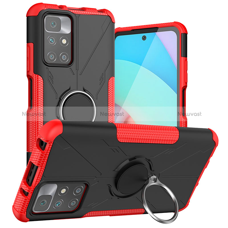 Silicone Matte Finish and Plastic Back Cover Case with Magnetic Finger Ring Stand JX1 for Xiaomi Redmi 10 (2022) Red