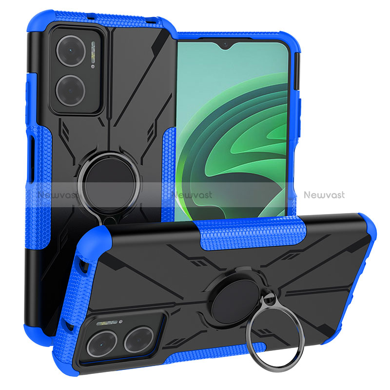 Silicone Matte Finish and Plastic Back Cover Case with Magnetic Finger Ring Stand JX1 for Xiaomi Redmi 10 5G Blue