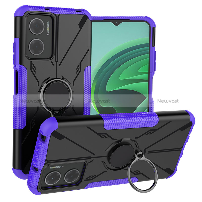 Silicone Matte Finish and Plastic Back Cover Case with Magnetic Finger Ring Stand JX1 for Xiaomi Redmi 10 5G Purple