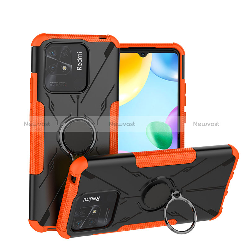 Silicone Matte Finish and Plastic Back Cover Case with Magnetic Finger Ring Stand JX1 for Xiaomi Redmi 10 India Orange