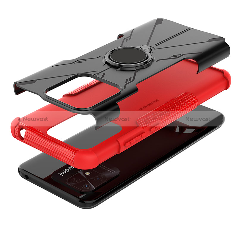 Silicone Matte Finish and Plastic Back Cover Case with Magnetic Finger Ring Stand JX1 for Xiaomi Redmi 10 Power