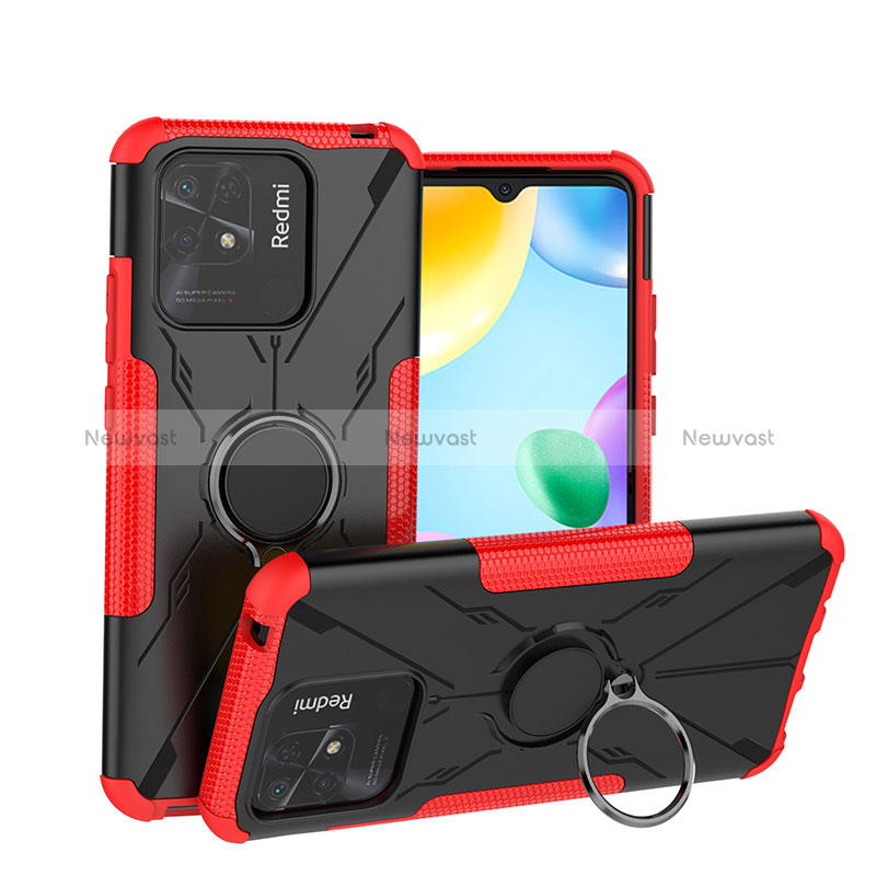 Silicone Matte Finish and Plastic Back Cover Case with Magnetic Finger Ring Stand JX1 for Xiaomi Redmi 10C 4G Red