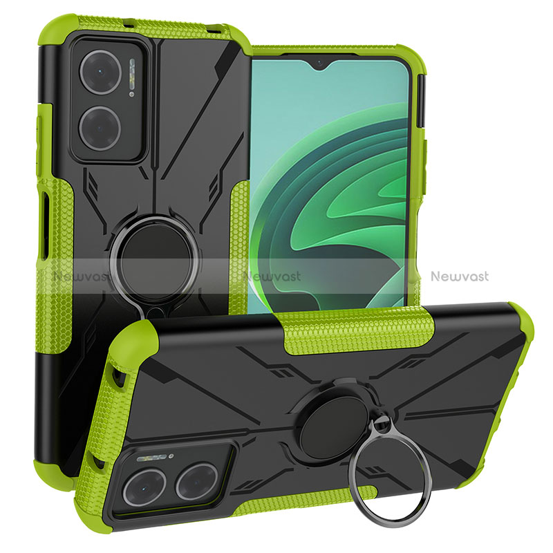 Silicone Matte Finish and Plastic Back Cover Case with Magnetic Finger Ring Stand JX1 for Xiaomi Redmi 11 Prime 5G Green