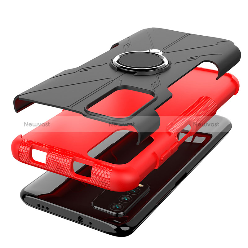 Silicone Matte Finish and Plastic Back Cover Case with Magnetic Finger Ring Stand JX1 for Xiaomi Redmi 9 Power