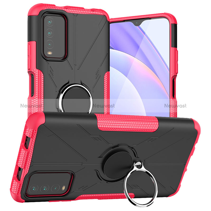 Silicone Matte Finish and Plastic Back Cover Case with Magnetic Finger Ring Stand JX1 for Xiaomi Redmi 9 Power Hot Pink