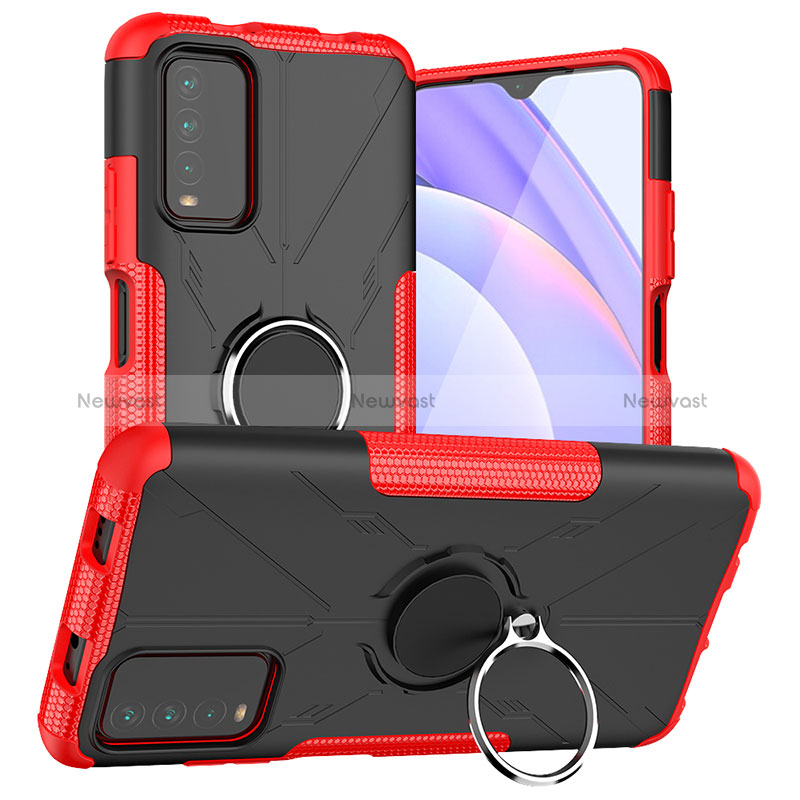 Silicone Matte Finish and Plastic Back Cover Case with Magnetic Finger Ring Stand JX1 for Xiaomi Redmi 9 Power Red