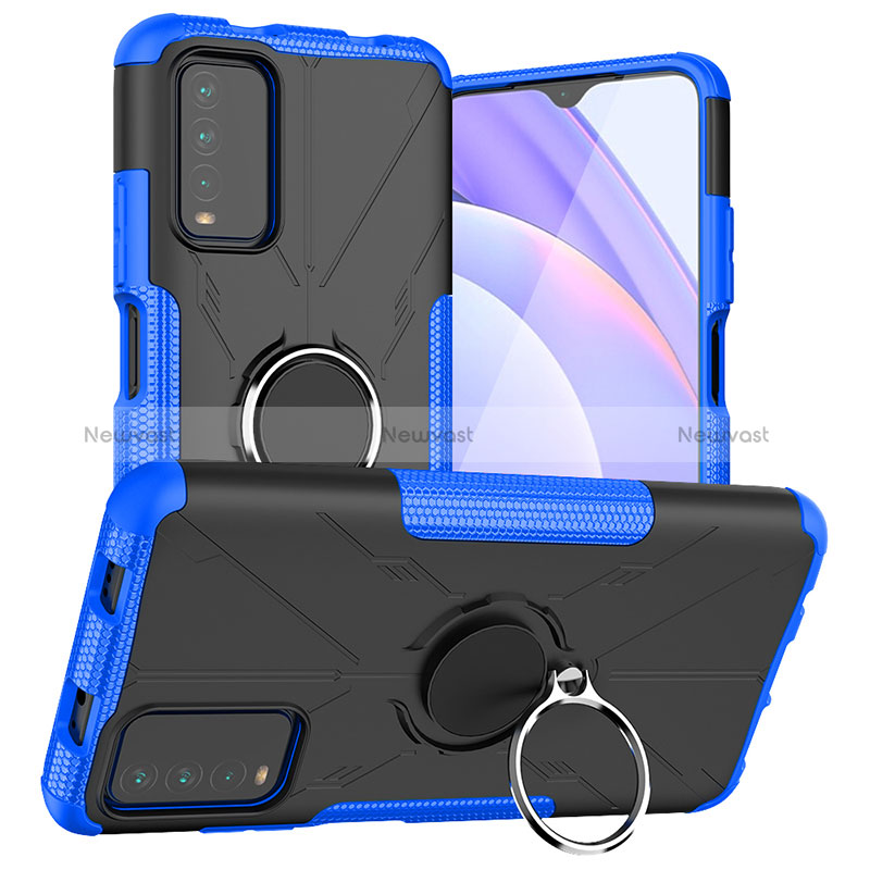 Silicone Matte Finish and Plastic Back Cover Case with Magnetic Finger Ring Stand JX1 for Xiaomi Redmi 9T 4G Blue