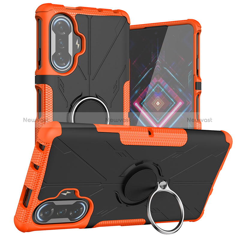 Silicone Matte Finish and Plastic Back Cover Case with Magnetic Finger Ring Stand JX1 for Xiaomi Redmi K40 Gaming 5G Orange