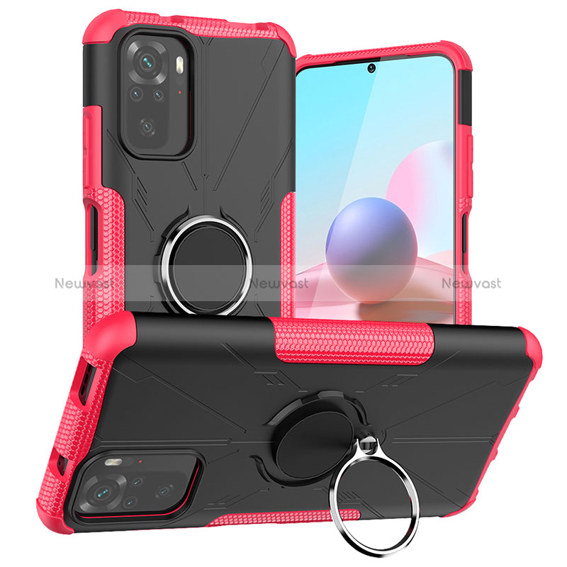 Silicone Matte Finish and Plastic Back Cover Case with Magnetic Finger Ring Stand JX1 for Xiaomi Redmi Note 10 4G Hot Pink