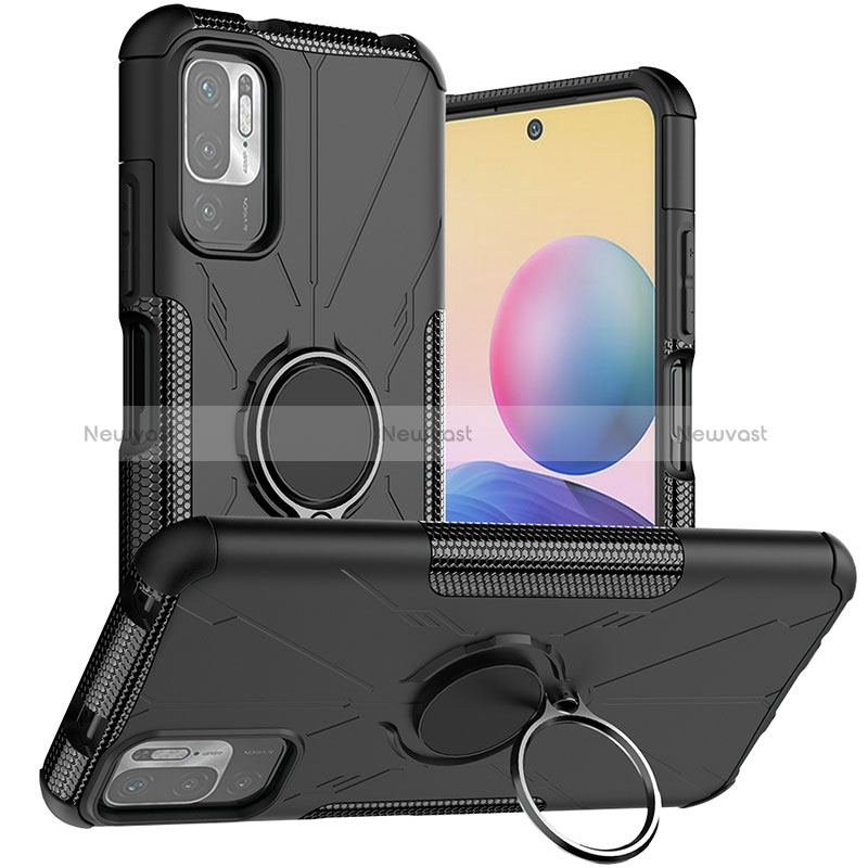 Silicone Matte Finish and Plastic Back Cover Case with Magnetic Finger Ring Stand JX1 for Xiaomi Redmi Note 10 5G